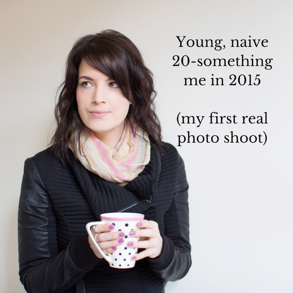 Photo of young Katherine with text "young, naive 20-something me in 2015 (my first real photo shoot)