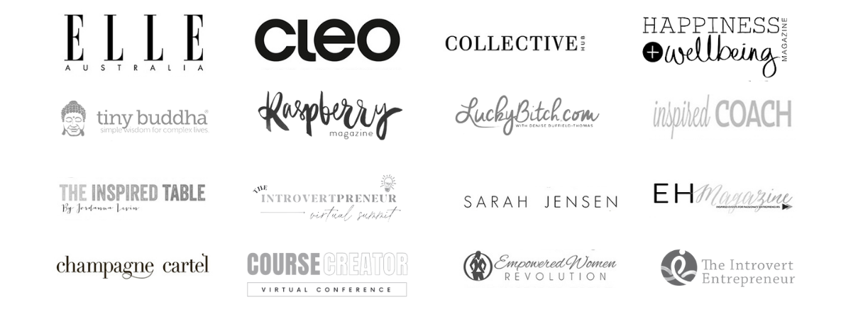 Logos of publications including Elle Magazine, Cleo Magazine, Inspired Coach Magazine, Collective Hub