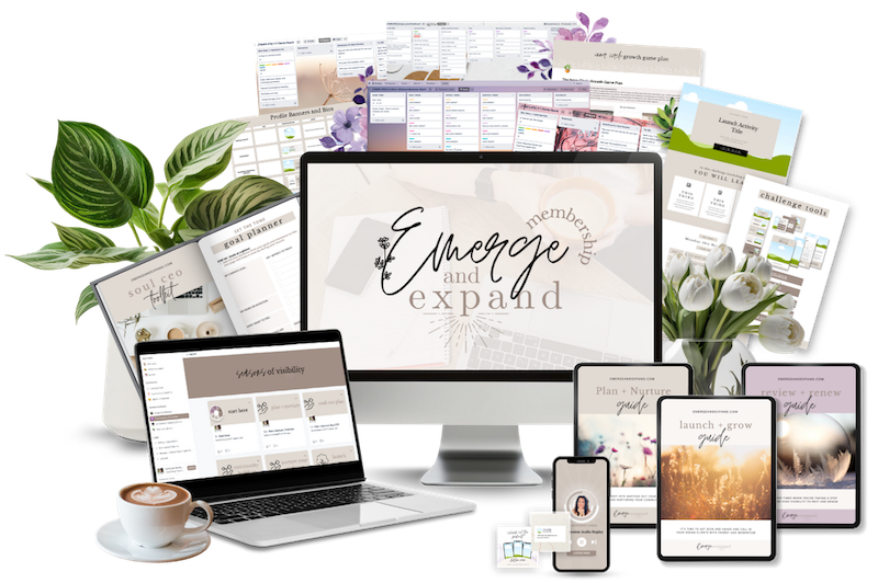 cream patterned background with Emerge and Expand logo, mockup of slides, workbooks, templates, text reads $49/month at the bottom of image