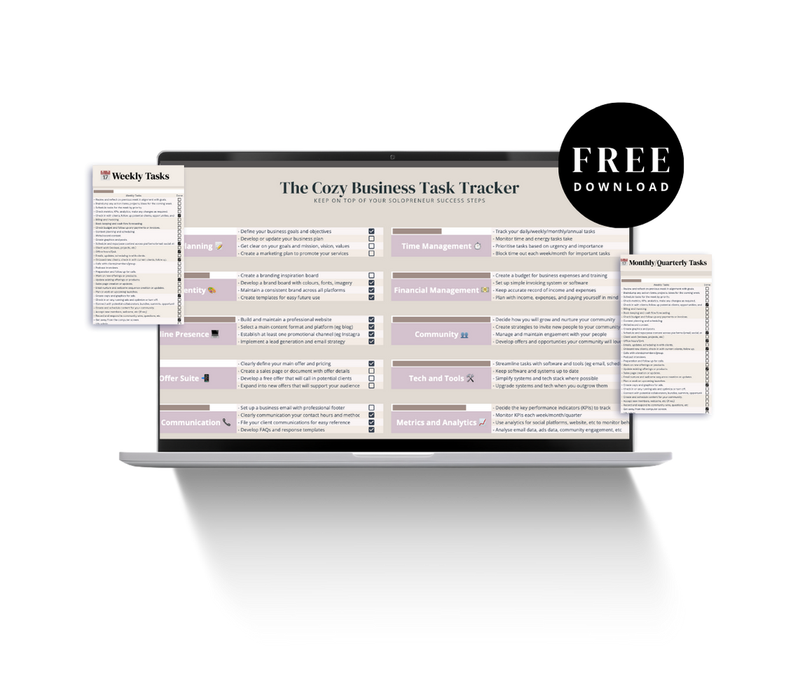 Purple background. Text reads: For Service Based Solopreneurs. Cozy Business Task Tracker free download. Mockup graphic of spreadsheet.