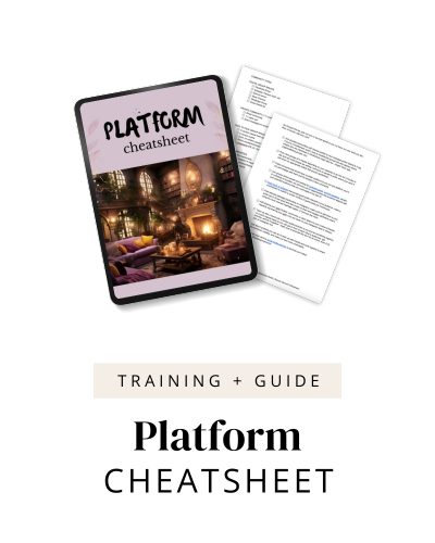 Mockup ipad with "platform cheatsheet" cover, 2 pages behind with writing. Text reads "Training and Guide - Platform Cheatsheet"