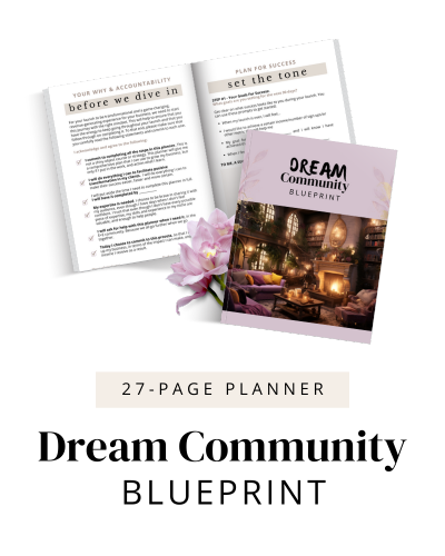 Mockup of Dream community Blueprint workbook with the words "27 page planner - Dream Community Blueprint"