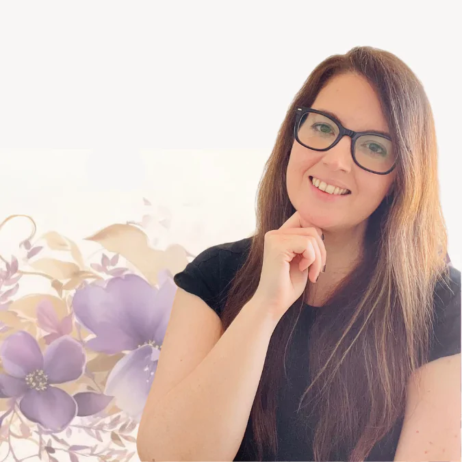 cream background with purple and yellow watercolor flowers and leaves, photo of woman with brown hair, glasses, black tshirt smiling at camera