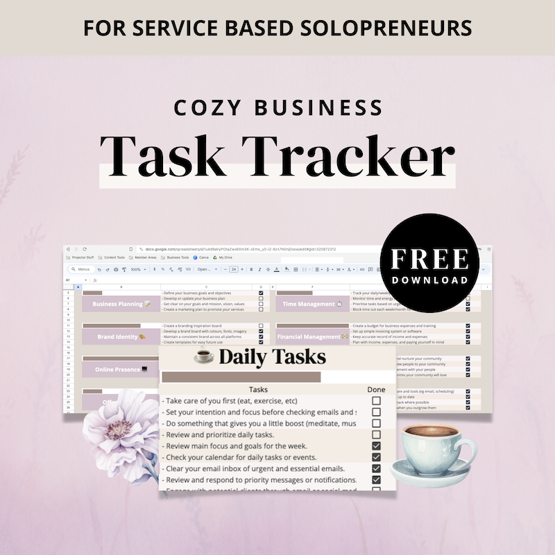 Purple background. Text reads: For Service Based Solopreneurs. Cozy Business Task Tracker free download. Mockup graphic of spreadsheet.