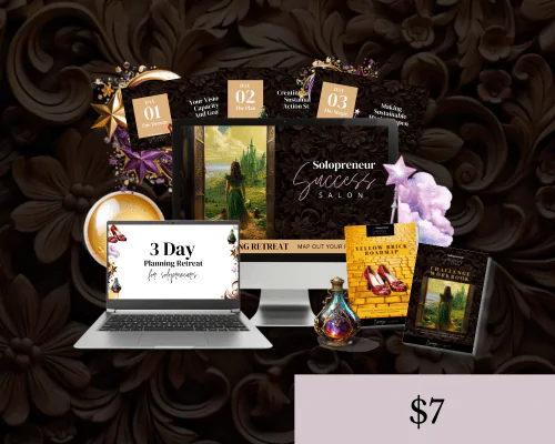 black background with mockup of solopreneur success salon slides and workbooks