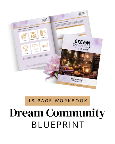 Mockup of Dream community Blueprint workbook with the words "27 page planner - Dream Community Blueprint"