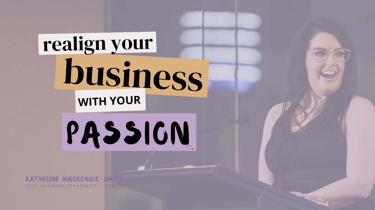 Photo of woman standing on stage at a lectern with the words "realign your business with your passion"
