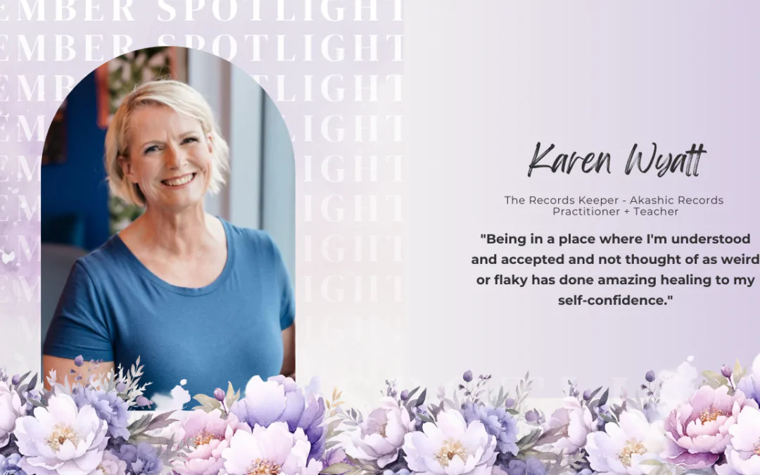 photo of karen wyatt looking at camera. Purple background with flowers in the foreground, text reads "Member Spotlight - Karen Wyatt"