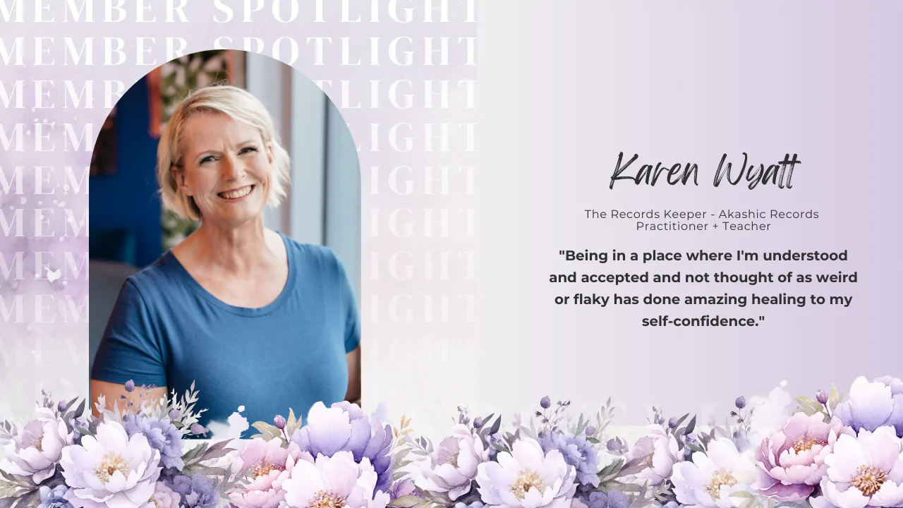 photo of karen wyatt looking at camera. Purple background with flowers in the foreground, text reads "Member Spotlight - Karen Wyatt"