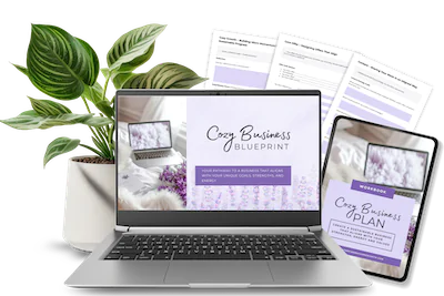 Purple background. Text reads: For Service Based Solopreneurs. Cozy Business Task Tracker free download. Mockup graphic of spreadsheet.