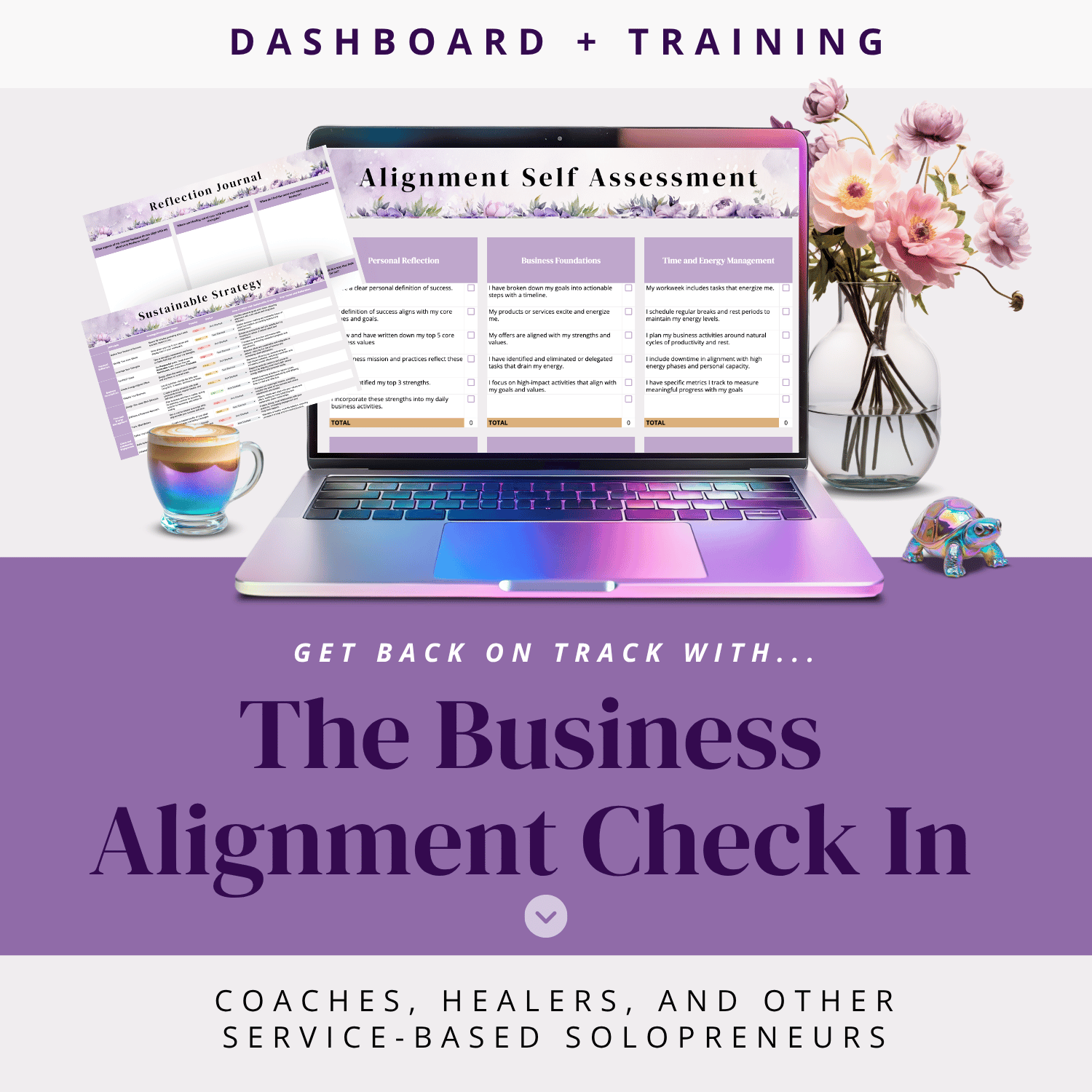 Purple background. Text reads: For Service Based Solopreneurs. Cozy Business Task Tracker free download. Mockup graphic of spreadsheet.