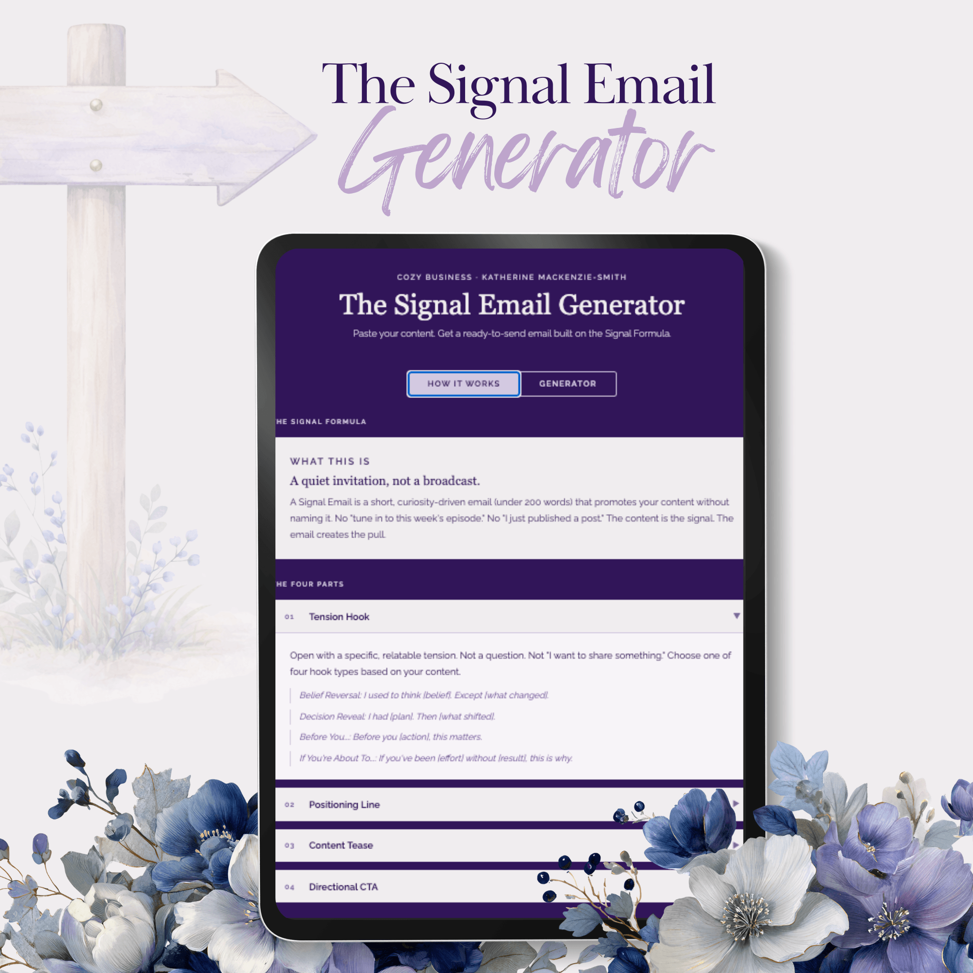 Purple background. Text reads: For Service Based Solopreneurs. Cozy Business Task Tracker free download. Mockup graphic of spreadsheet.