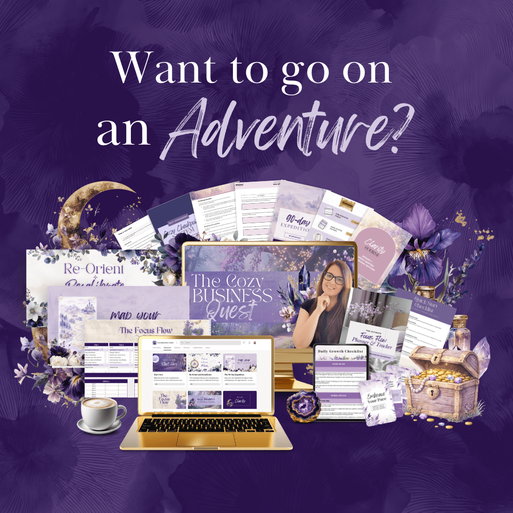 Purple background. Text reads: For Service Based Solopreneurs. Cozy Business Task Tracker free download. Mockup graphic of spreadsheet.