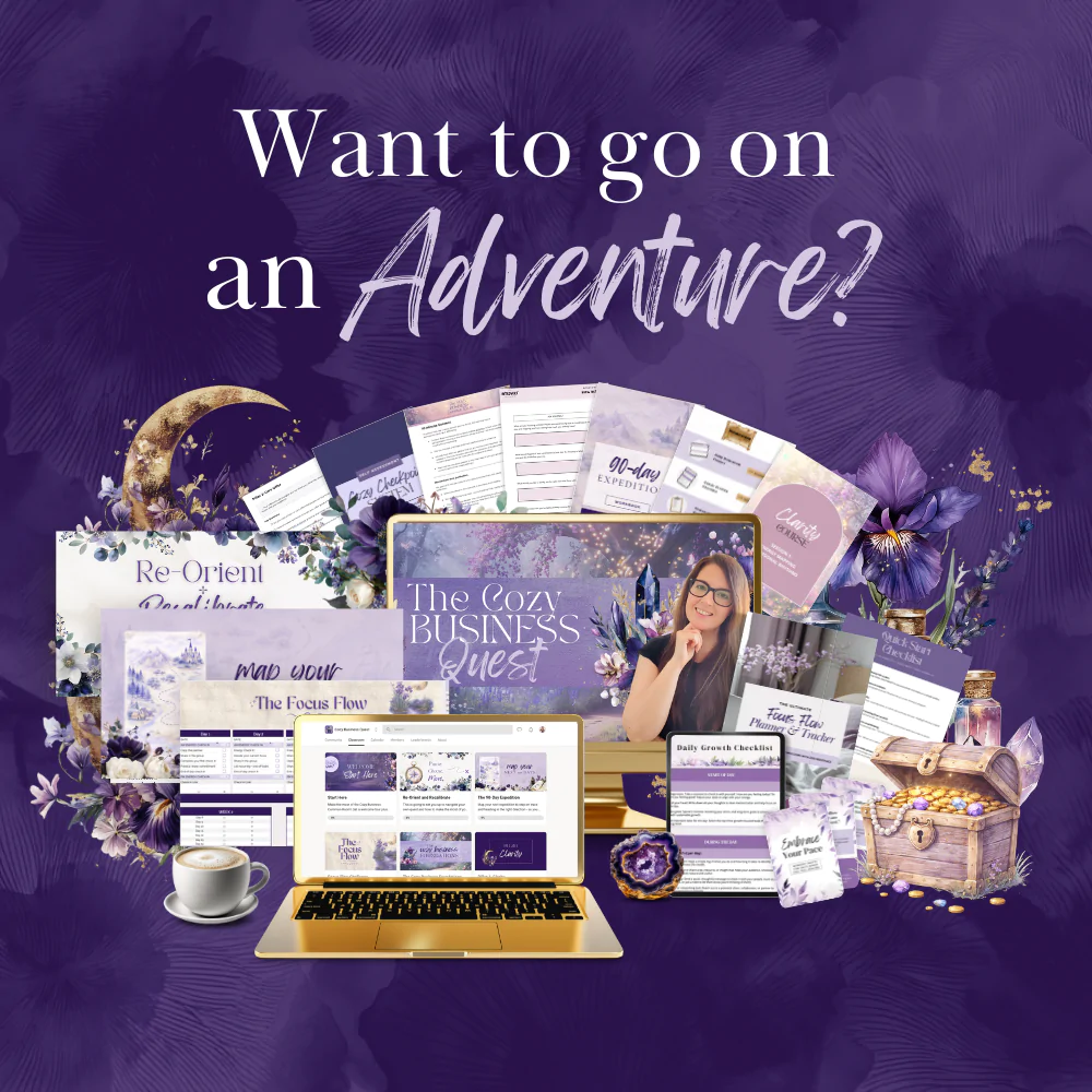 Purple background. Text reads: For Service Based Solopreneurs. Cozy Business Task Tracker free download. Mockup graphic of spreadsheet.