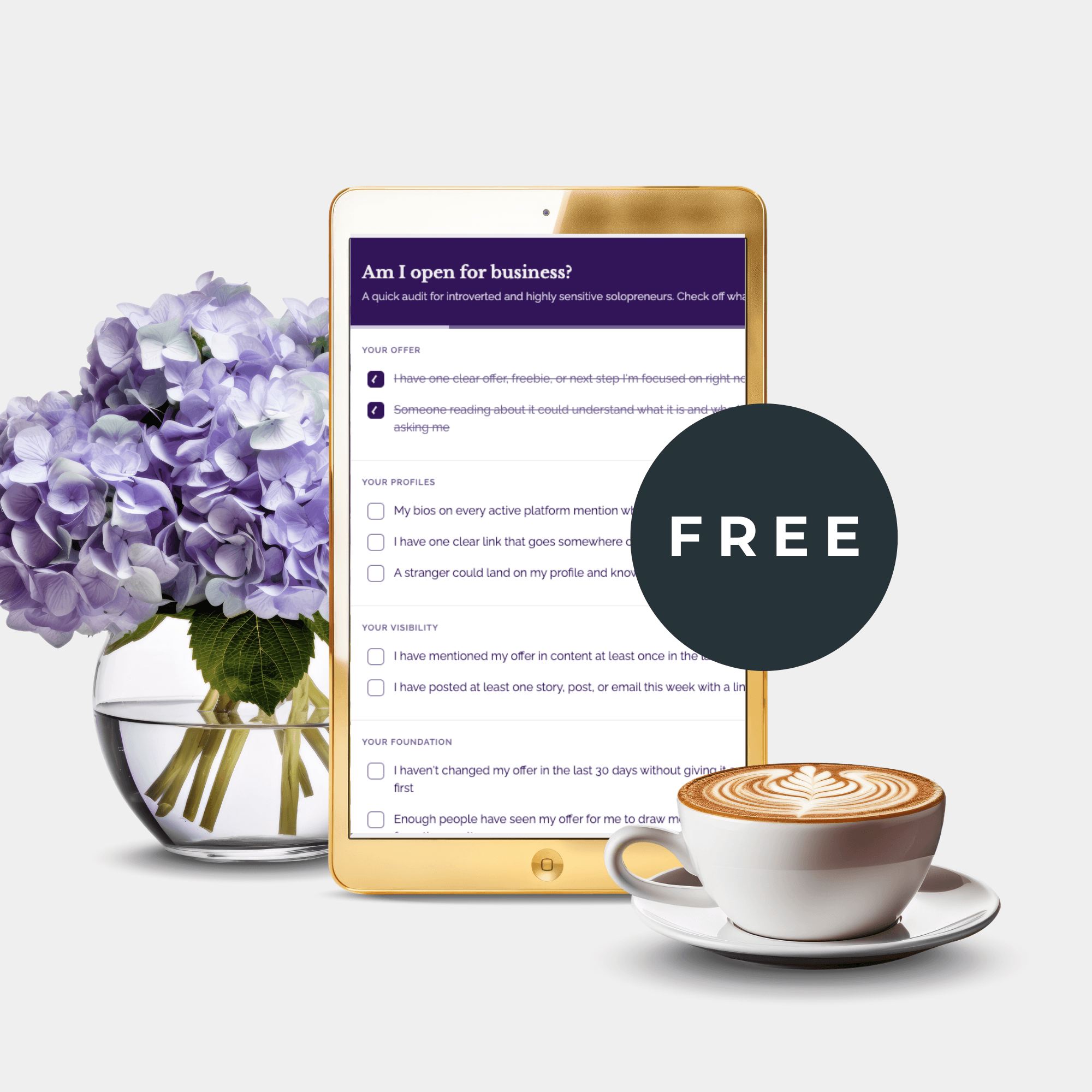Purple background. Text reads: For Service Based Solopreneurs. Cozy Business Task Tracker free download. Mockup graphic of spreadsheet.